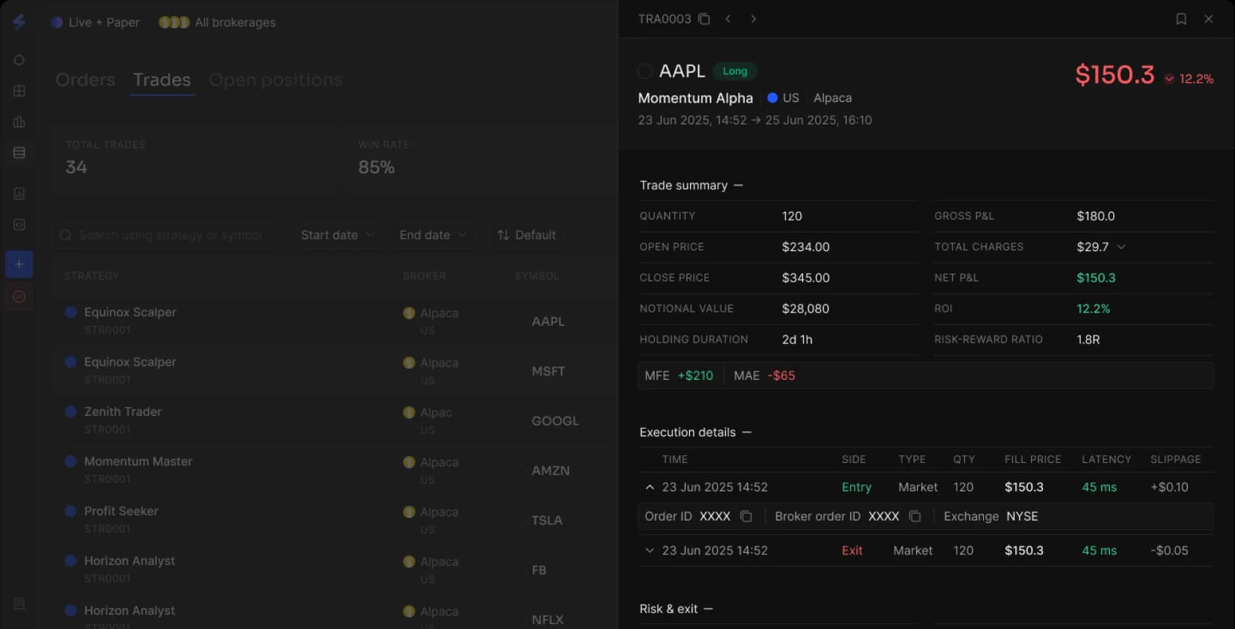 SharkSigma orderbook with trade execution details and order history