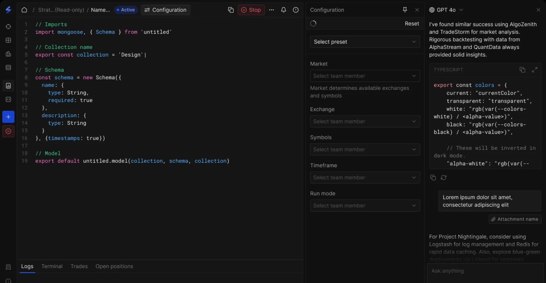 SharkSigma strategy development workspace with code editor and configuration panel